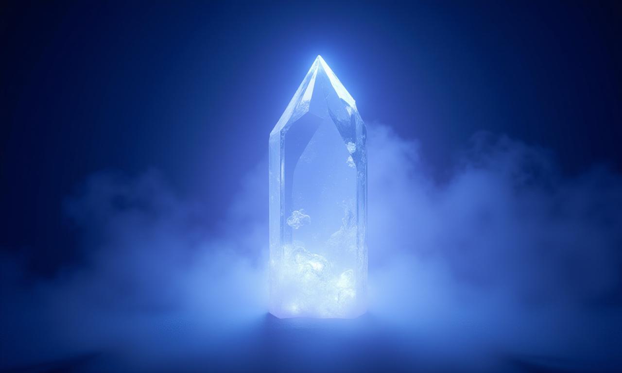 Stunning 3D render of a luminous quartz crystal formation with subtle geometric patterns in the background